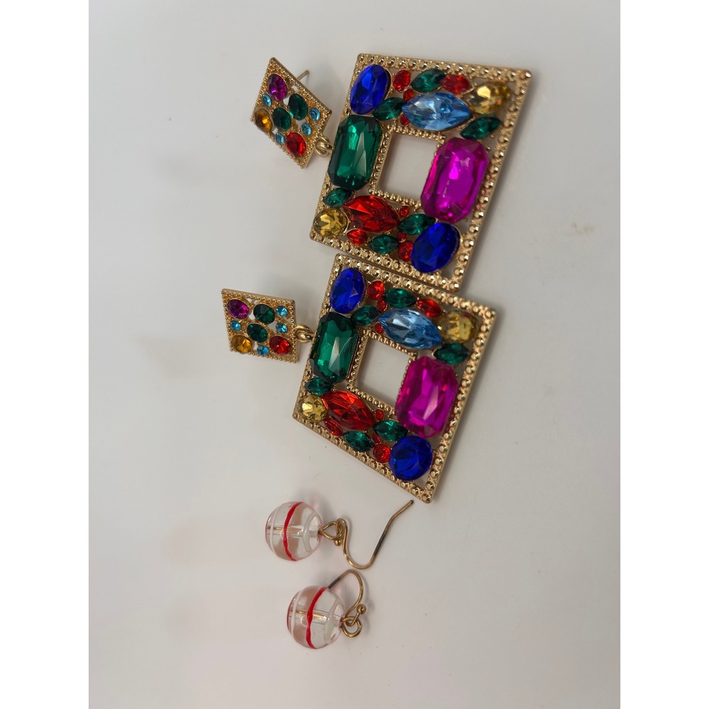 Earring Set Women OS Multicolor Good Gemstone Square & Striped Orb - Picture 6 of 12